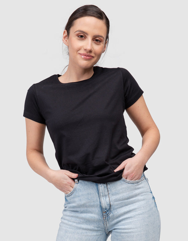 T-Shirt-Frauen-Schwarz-Rundhals-T-Shirt-switcher